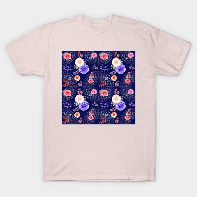 Spring Mandalas and Roses Midnight Blue T-Shirt by sandpaperdaisy